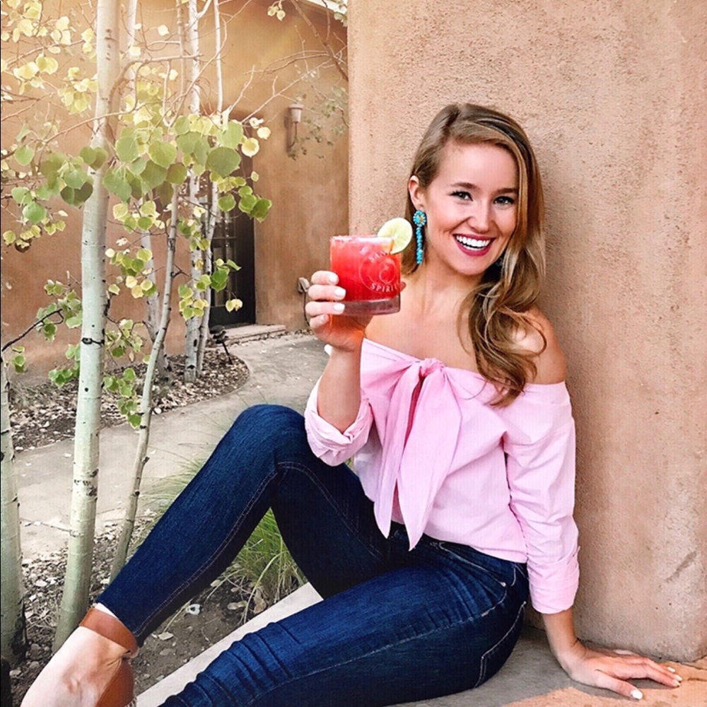 pink off the shoulder bow button down shirt